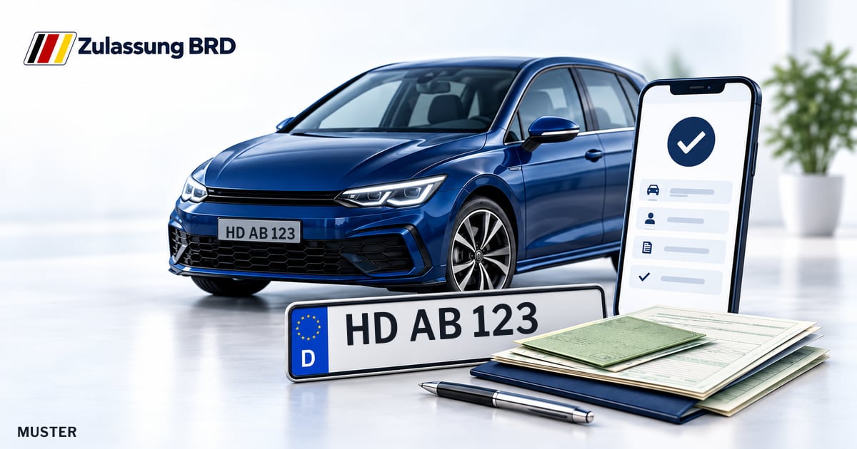 Online Fahrzeugzulassung in Hockenheim: Musterkennzeichen HD AB 123, Auto und Fahrzeugpapiere und Smartphone. Illustration mit Logo von Zulassung BRD.
